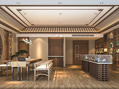 Traditional Wooden Decor Retail Store Interior With Glass Display Cases And Lighting 3d model