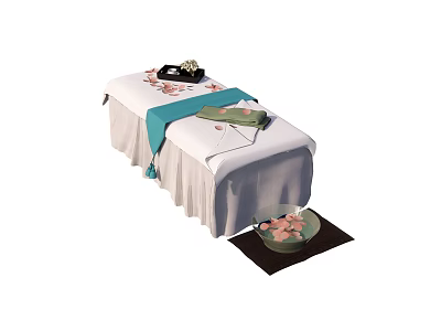 Comfortable Massage Bed With White Sheet Blue Ribbon Black Tray And Pink Petals 3d model