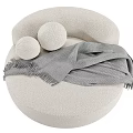 Round Shaped Beige Fuzzy Single Sofa With Gray Blanket And Circular Cushions