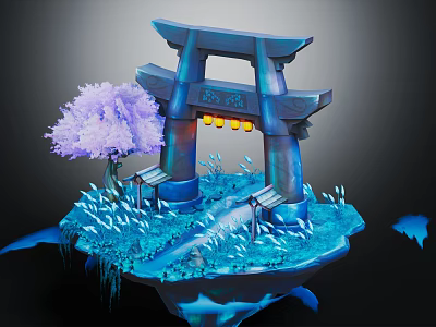 Blue Torii Gate Scene With Purple Cherry Blossom Tree Lanterns And Path 3d model