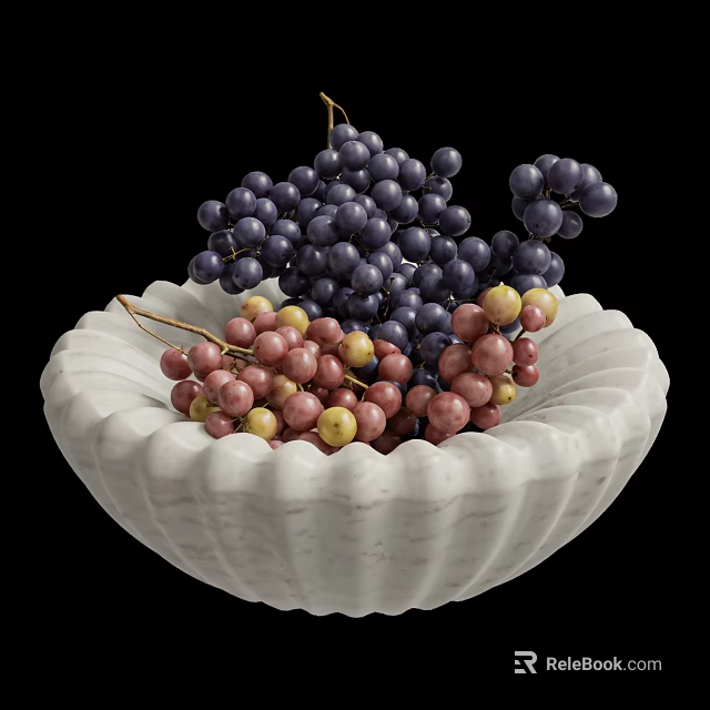 Fresh Ripe Purple Grapes and Pink Small Fruits in White Decorative Bowl 3d model 