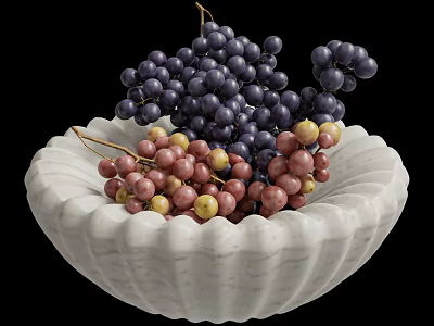 Fresh Ripe Purple Grapes and Pink Small Fruits in White Decorative Bowl 3d model