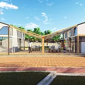 Modern Architecture Design Featuring Sloped Roofs Stone Walls Large Glass Windows Terrace With Tables Chairs