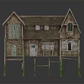 Elevated Wooden House Design With Multiple Windows Green Pillars And Sloped Roof