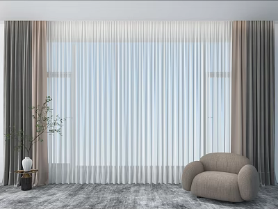 Modern Sheer and Thick Curtains for Living Room Window with Beige Sofa and Green Plant 3d model
