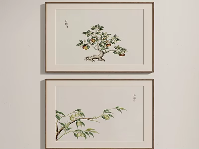 Traditional Botanical Plant Paintings With Branches Leaves And Fruits In Wooden Frames Hanging On Wall 3d model
