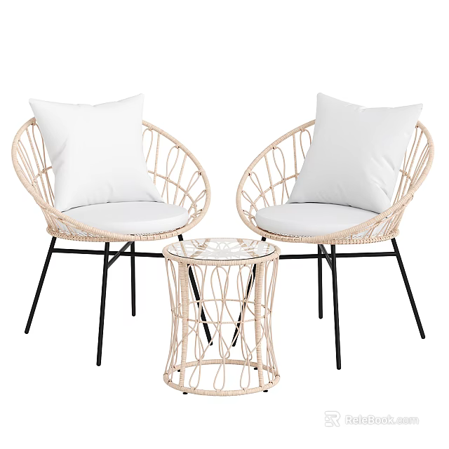 Rattan Outdoor Table with Round Design Black Metal Legs and Chairs Featuring White Cushions 3d model 