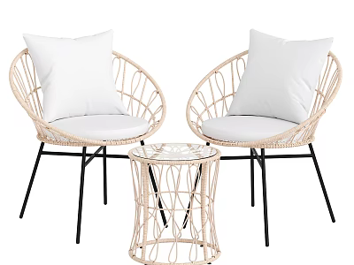 Rattan Outdoor Table with Round Design Black Metal Legs and Chairs Featuring White Cushions 3d model