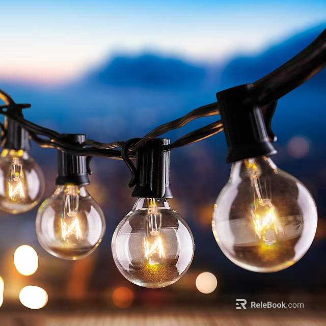 Outdoor String Lights With Transparent Glowing Bulbs Against Twilight Sky And Mountains 3d model 