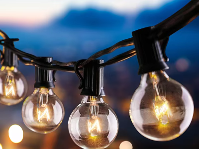 Outdoor String Lights With Transparent Glowing Bulbs Against Twilight Sky And Mountains 3d model