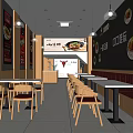 Modern Restaurant Interior With Wooden Chairs Dining Tables Booth Seating And Wall Menu Posters