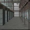 Abandoned Factory Interior Long Corridor with Teal Brick Walls Rusted Metal Scaffolds Gray Concrete Floor