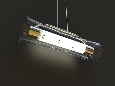 Transparent Gold Accent Elongated Chandelier Hanging With Bright Lighting In Dark Background 3d model