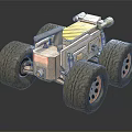 Toy Off Road Vehicle With Large Tires Yellow Striped Top Metal Body And Suspension Springs