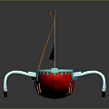 Cartoon Boat Scene With Red Blue Hull Yellow Sail Wooden Barrels And White Curved Supports