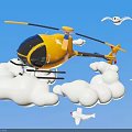 Yellow Helicopter Flying on White Clouds in Blue Sky With Seagulls and Small Airplanes