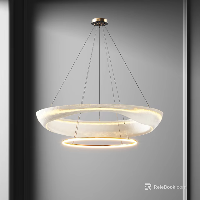 Modern Hanging Chandelier With Circular Layered Design And Illuminated White Rings In Interior Space 3d model 
