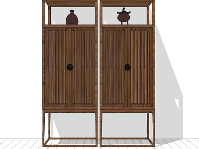 Traditional Wooden Entryway Cabinet Side Cabinet With Vertical Slat Doors And Decorative Vases 3d model