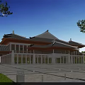Traditional Chinese Hotel Building With Curved Roof And Spacious Front Plaza