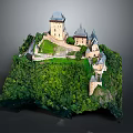 Cartoon Scenic Castle on Lush Green Hill with Multiple Towers and Trees