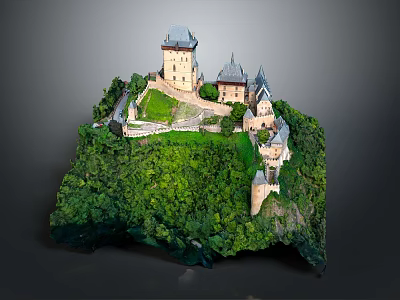 Cartoon Scenic Castle on Lush Green Hill with Multiple Towers and Trees 3d model