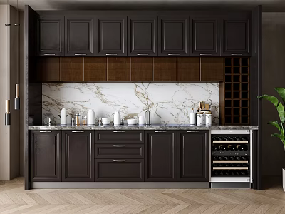 Dark Brown Kitchen Cabinets With Marble Backsplash And Wine Rack 3d model