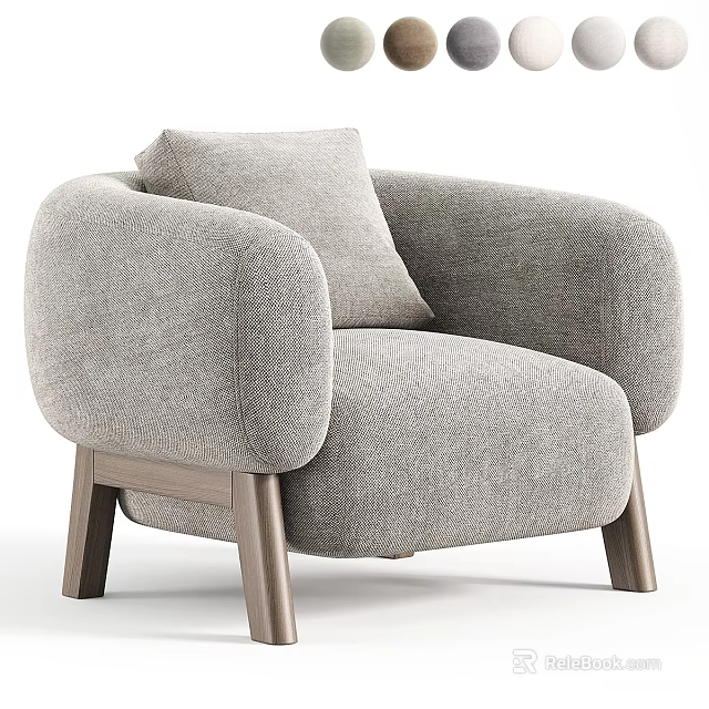 Modern Gray Single Sofa With Rounded Armrests Wooden Legs And Cushion 3d model