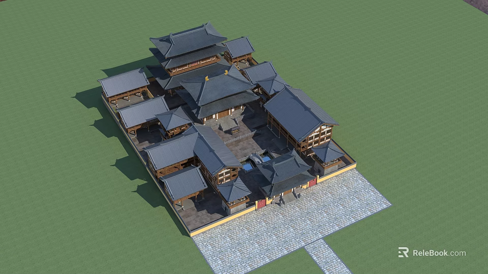 Traditional Ancient Architecture With Courtyard Layout Multiple Roofs Wooden Structure Overhanging Eaves Stone Slab Ground 3d model 