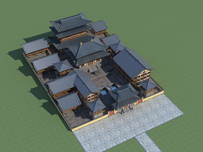 Traditional Ancient Architecture With Courtyard Layout Multiple Roofs Wooden Structure Overhanging Eaves Stone Slab Ground 3d model