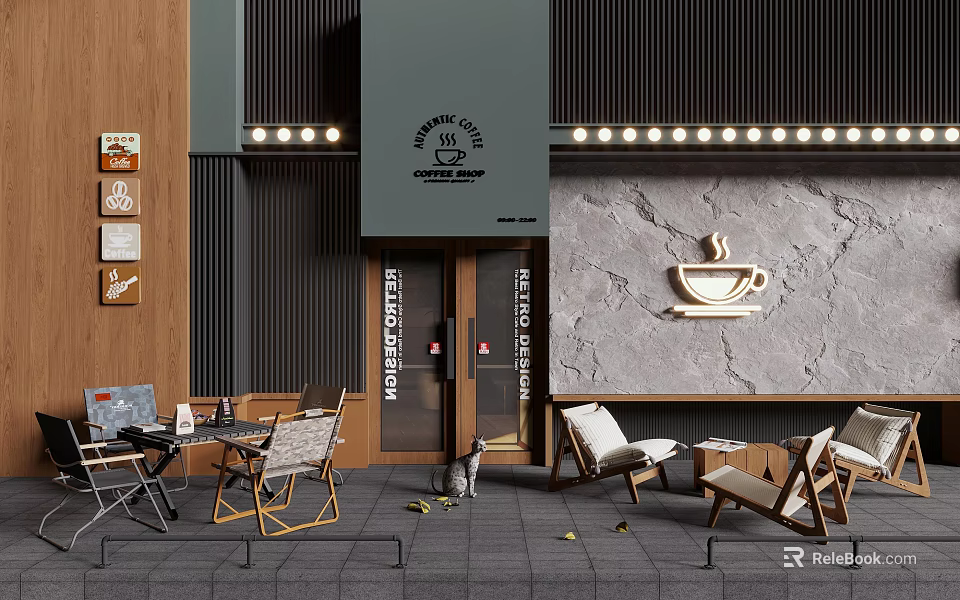 Cafe Storefront Design With Dark Vertical Slats Pendant Lights Coffee Cup Decor And Outdoor Seats 3d model 
