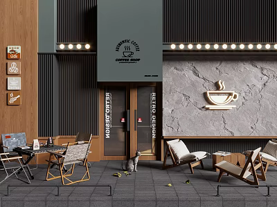 Cafe Storefront Design With Dark Vertical Slats Pendant Lights Coffee Cup Decor And Outdoor Seats 3d model