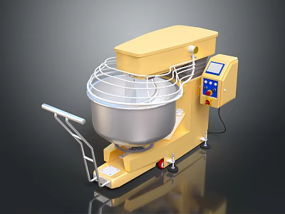 Yellow Commercial Kitchen Mixer With Stainless Steel Mixing Bowl Control Panel And Movable Wheels 3d model