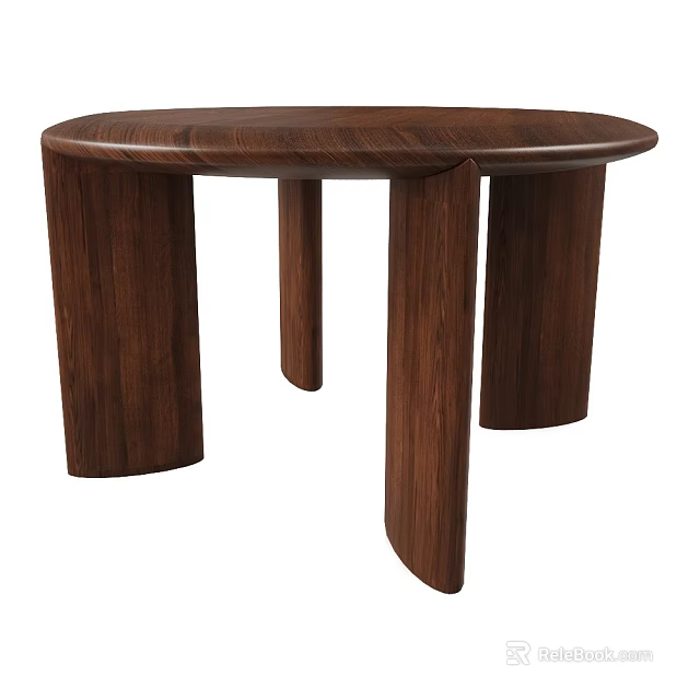 Modern Round Solid Wood Dining Table With Dark Brown Wood Grain And Column Legs 3d model
