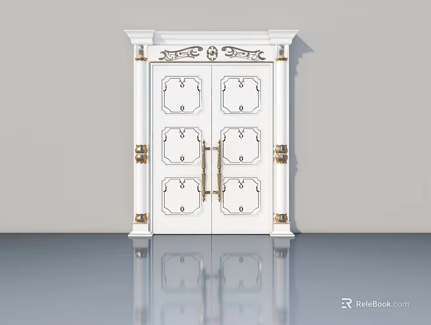 White Double Hinged Door With Carved Details And Golden Hardware Accents 3d model 