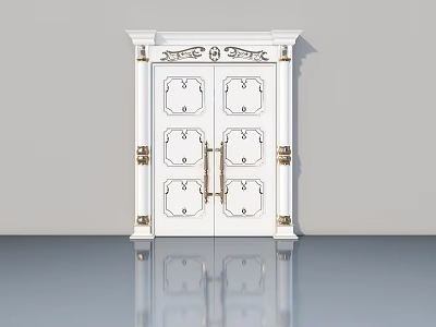 White Double Hinged Door With Carved Details And Golden Hardware Accents 3d model
