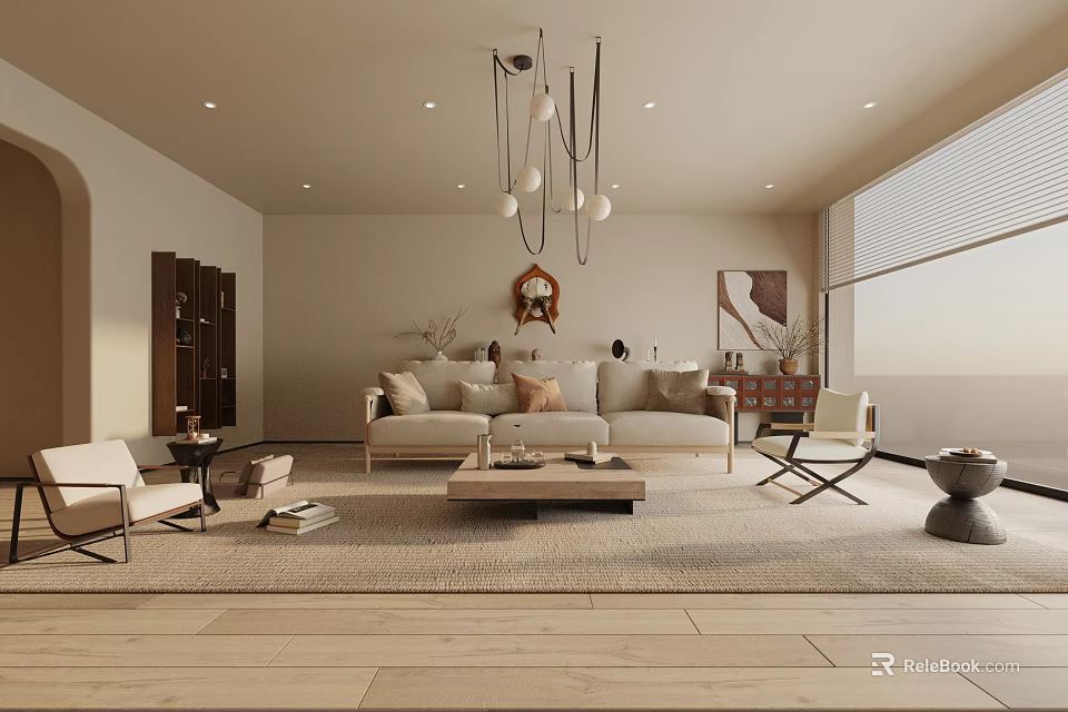 Modern Living Room Interior with Beige Sofa Wooden Floor and Pendant Light Decorative Painting 3d model 