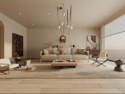 Modern Living Room Interior with Beige Sofa Wooden Floor and Pendant Light Decorative Painting 3d model