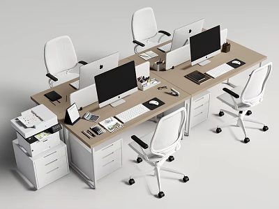 Modern Office Desk Setup With Computers Office Chairs And Supplies 3d model