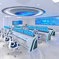 Modern Office Control Room Interior With Workstations Large Display Screens And Circular Ceiling 3d model