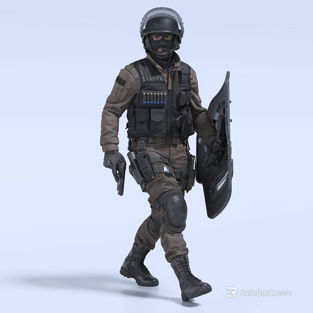 A Man In Tactical Gear Wearing Helmet Bulletproof Vest Holding Shield And Pistol 3d model 