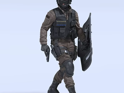 A Man In Tactical Gear Wearing Helmet Bulletproof Vest Holding Shield And Pistol 3d model