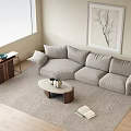 Fabric Three-Person Sofa Fabric Multi-Person Sofa Solid Wood Coffee Table Solid Wood Side Cabinet Carpet Abstract Hanging Painting Flower Pot Branch Books 3d model