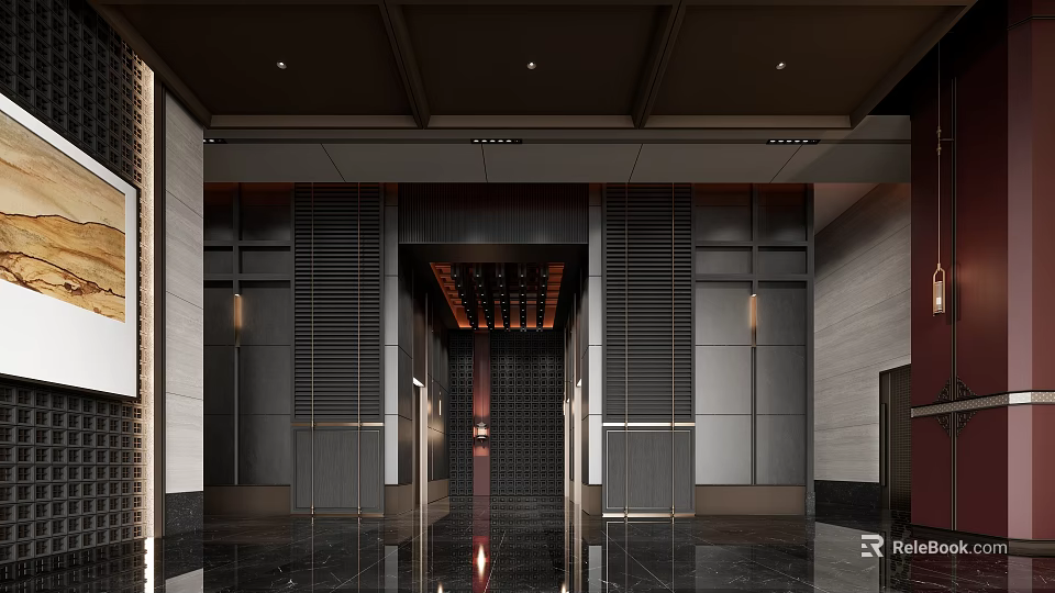 Modern Hotel Lobby Interior With Dark Metallic Panels And Polished Floor Design 3d model 