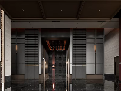 Modern Hotel Lobby Interior With Dark Metallic Panels And Polished Floor Design 3d model