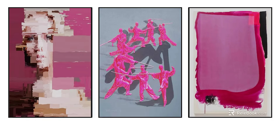 Three Abstract Art Paintings With Pink Martial Arts Figures And Colorful Backgrounds 3d model 