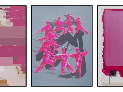 Three Abstract Art Paintings With Pink Martial Arts Figures And Colorful Backgrounds 3d model