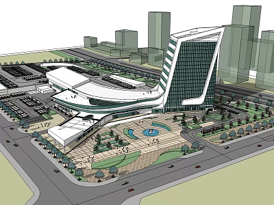 Modern Urban Building Complex With Curved Glass Facade Plaza Fountain And Landscaping 3d model
