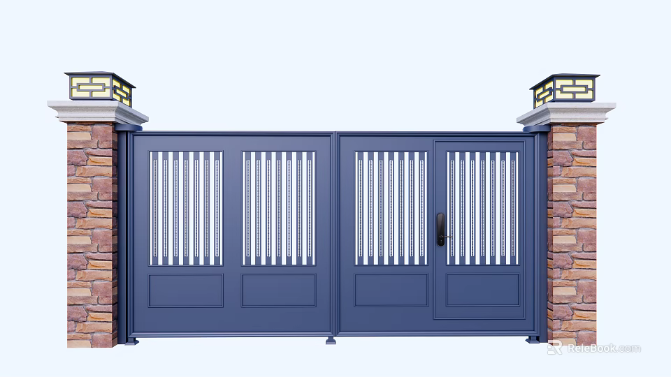Building Exterior Design With Blue Double Gate And Brick Walls Top Lamp Posts 3d model 