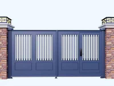 Building Exterior Design With Blue Double Gate And Brick Walls Top Lamp Posts 3d model