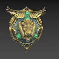 Ornate Weapon Badge With Golden Frame Detailed Lion Head Green Gemstones And Decorative Wings